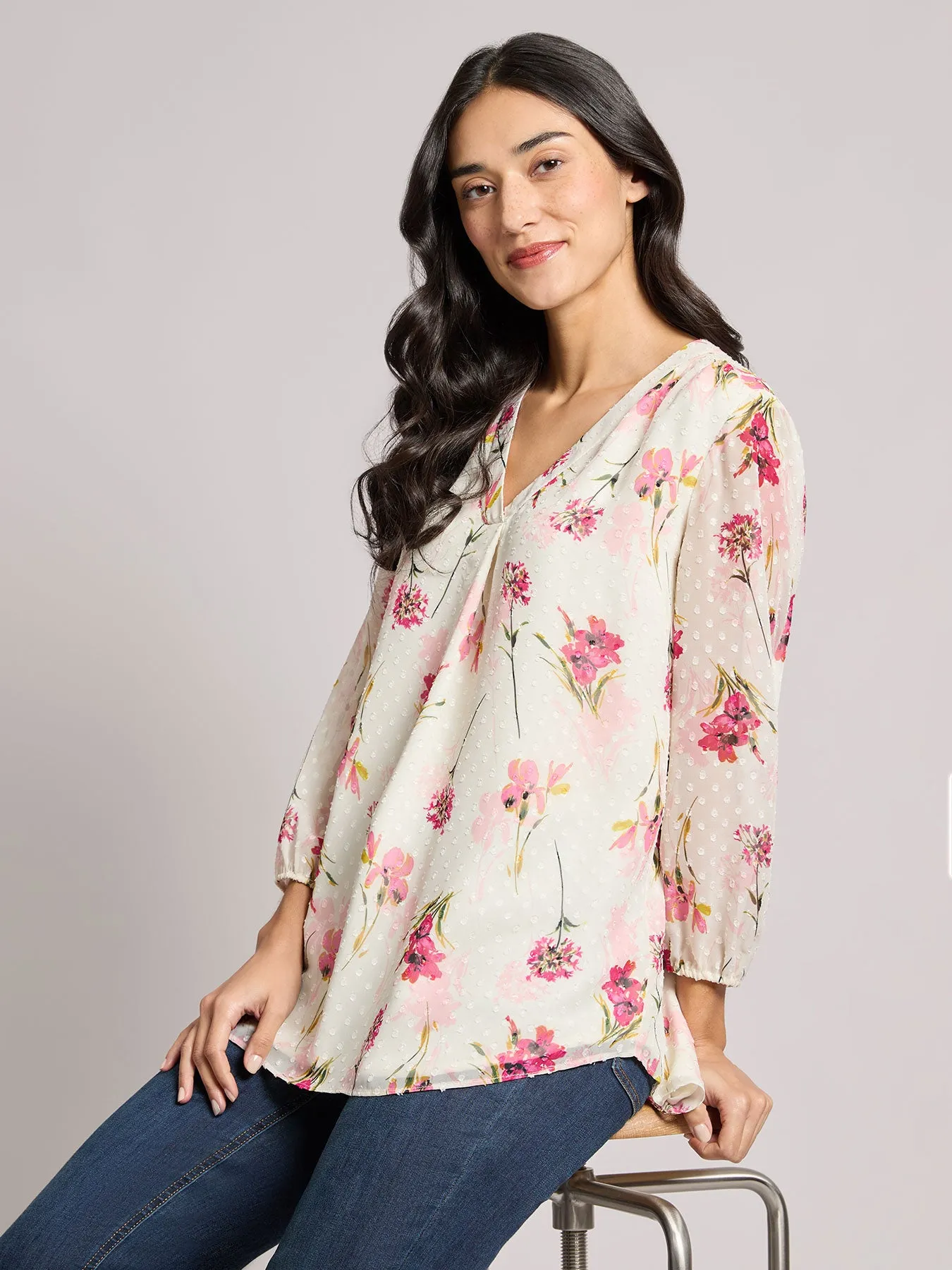 Plus Print V-Neck Pleated Kelly Blouse, Chiffon sold by Jones New York product image thumbnail 2