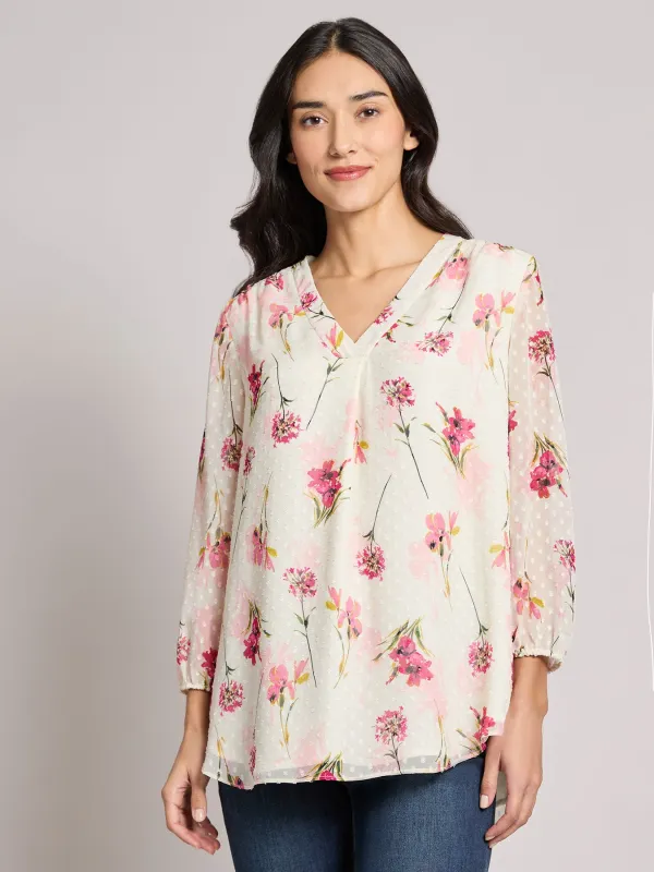 Petite Print V-Neck Pleated Kelly Blouse, Chiffon sold by Jones New York