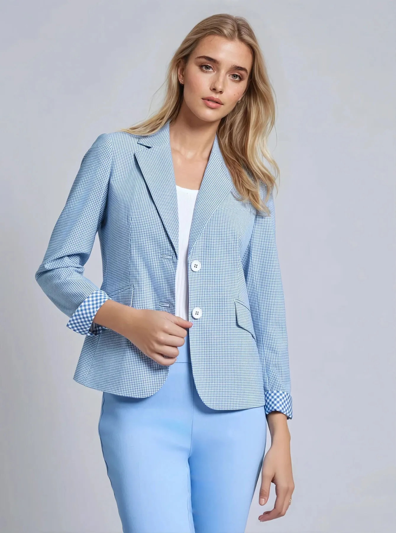 Two Button Notch Collar Blazer, Blue Gingham sold by Jones New York
