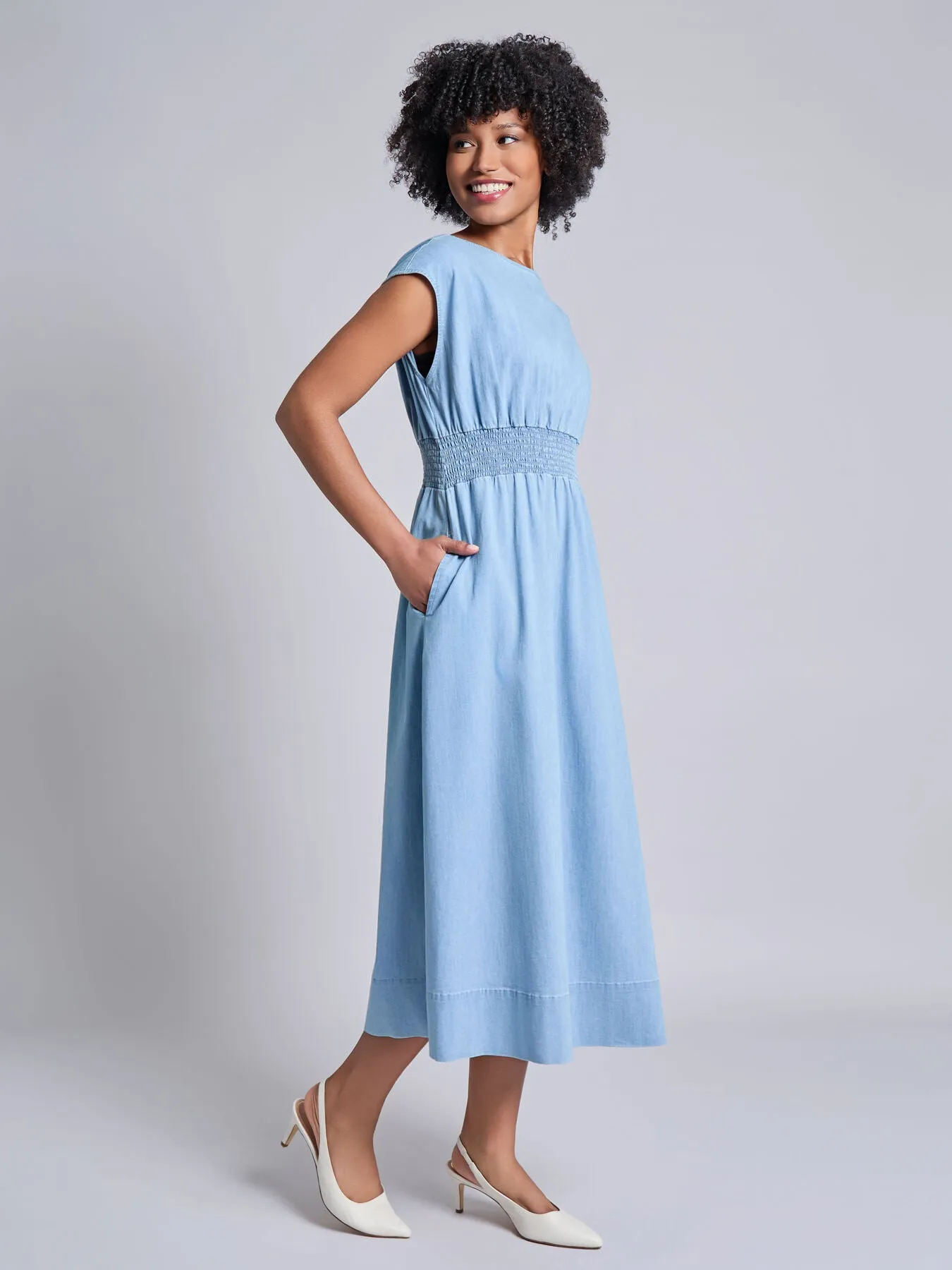Smocked Waist Stretch Denim Midi Dress sold by Jones New York product image thumbnail 3