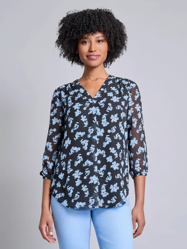 Printed V-Neck Pleated Kelly Blouse sold by Jones New York