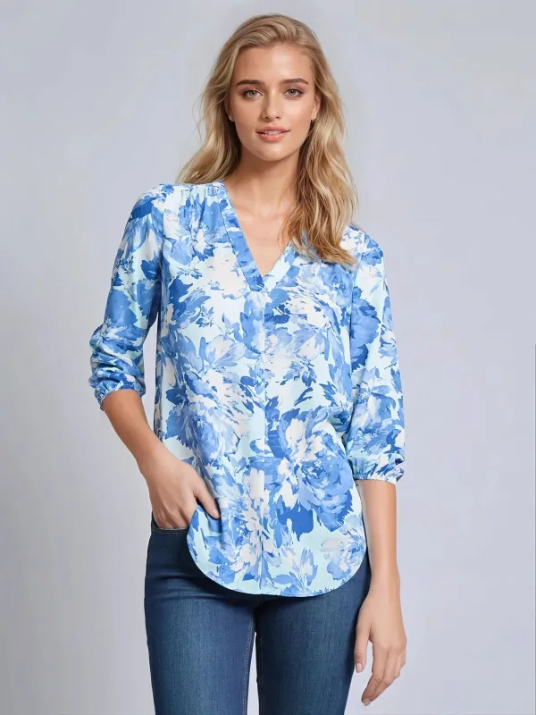 Printed V-Neck Pleated Kelly Blouse sold by Jones New York