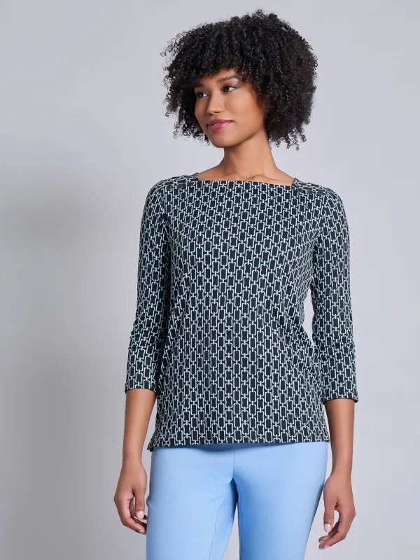 3/4 Sleeve Square Neck Blouse, Printed Moss Crepe sold by Jones New York