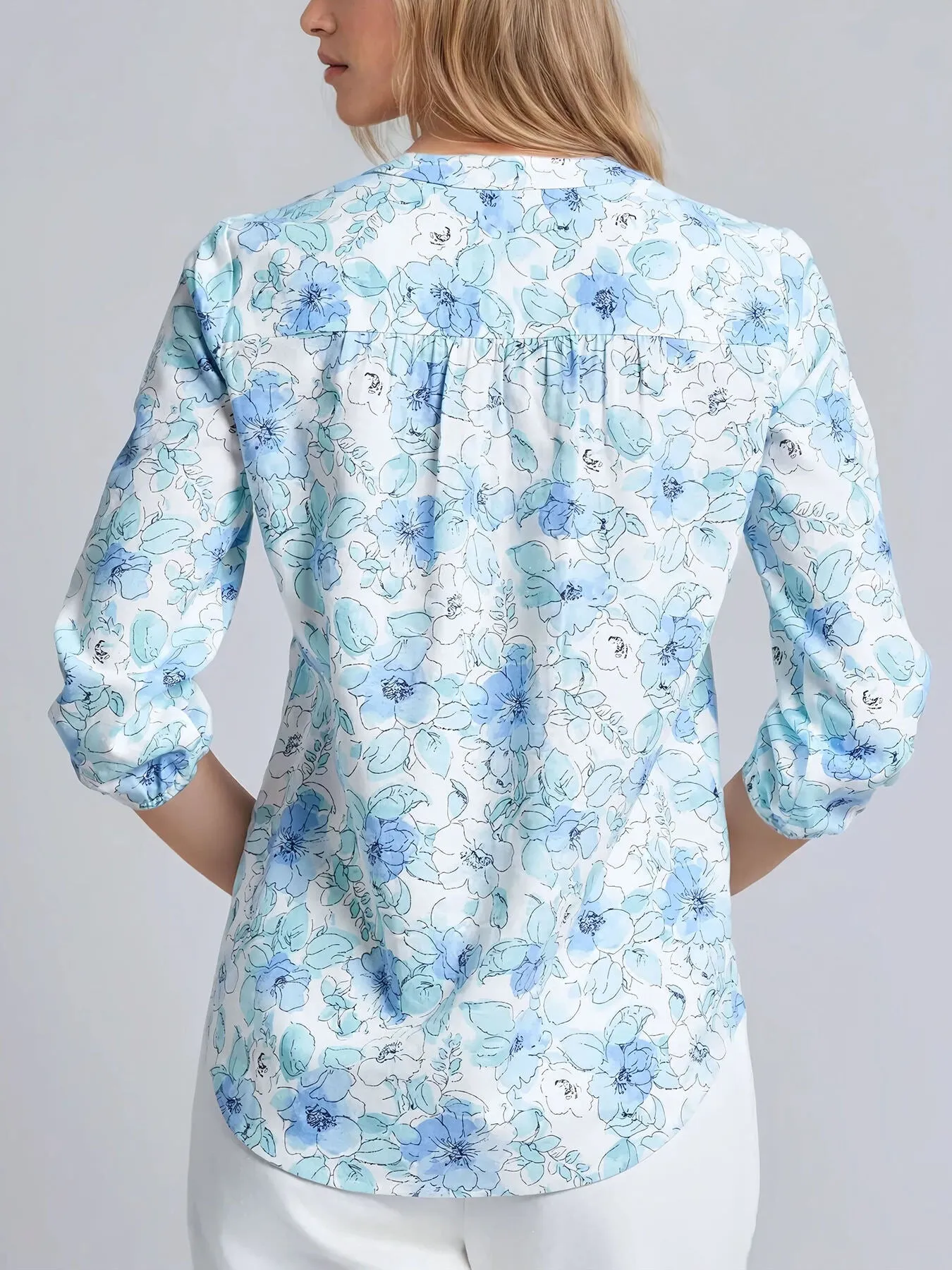 Print V-Neck Pleated Kelly Blouse, Linen Blend sold by Jones New York product image thumbnail 4