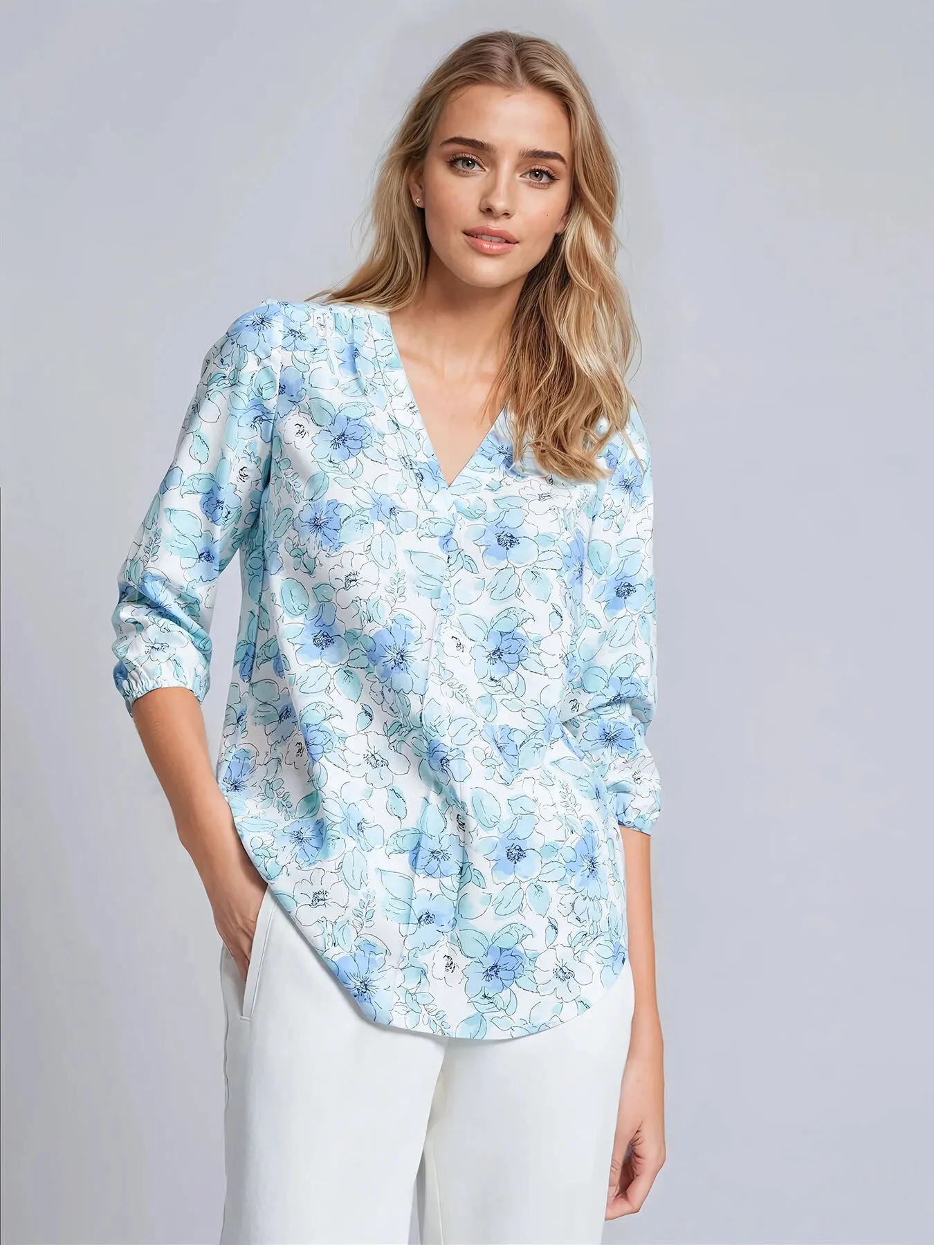 Print V-Neck Pleated Kelly Blouse, Linen Blend sold by Jones New York product image thumbnail 2
