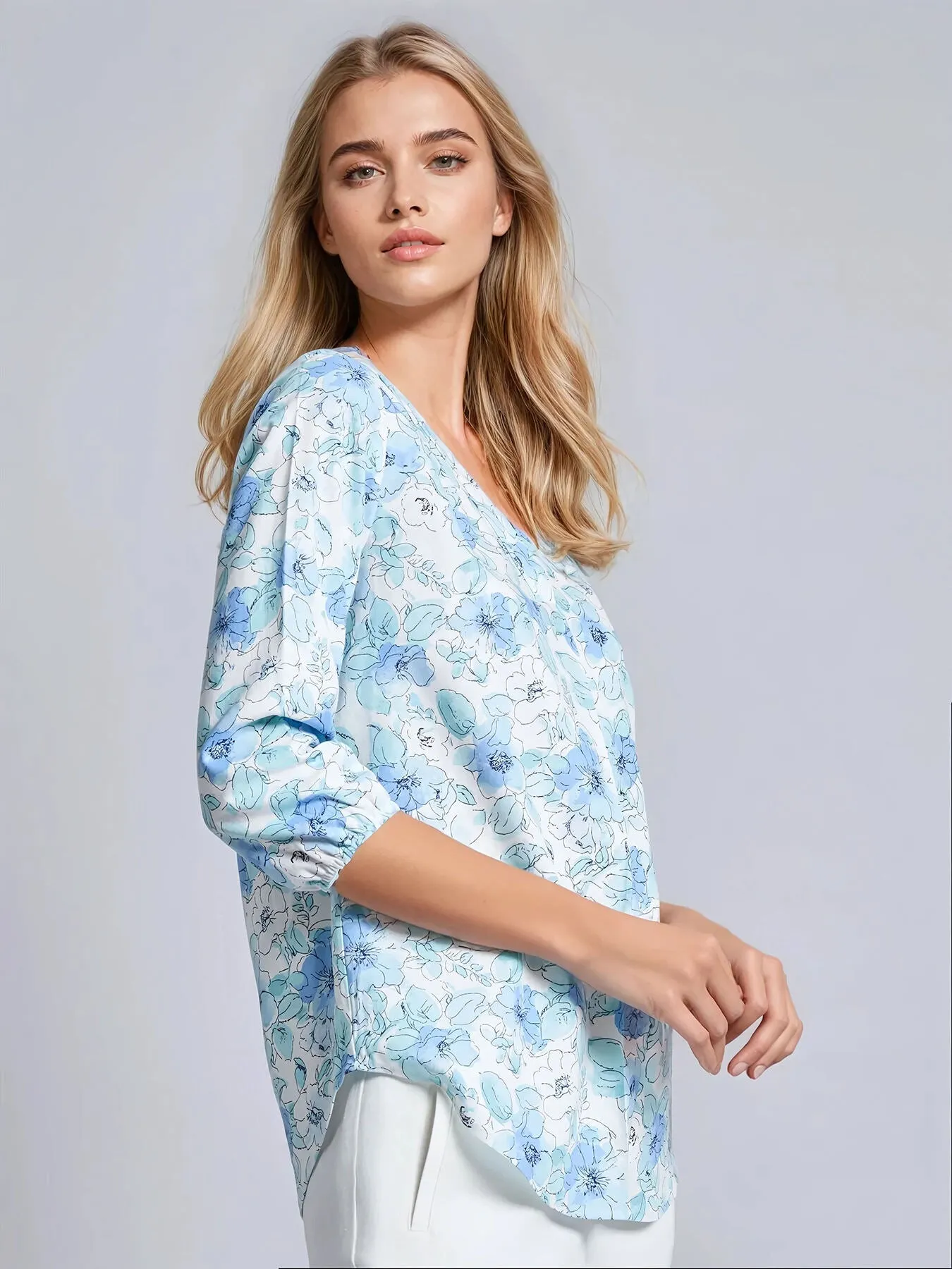 Petite Print V-Neck Pleated Kelly Blouse, Linen Blend sold by Jones New York product image thumbnail 3