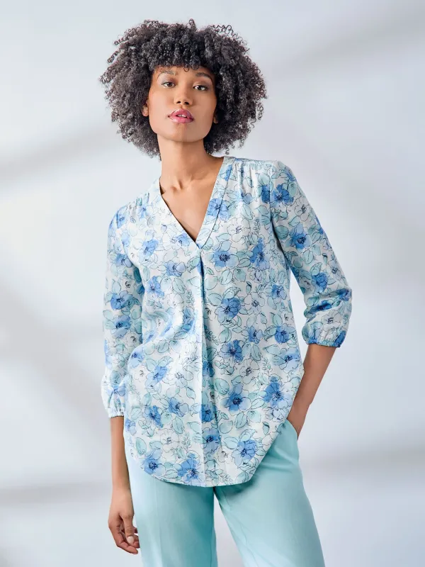 Petite Print V-Neck Pleated Kelly Blouse, Linen Blend sold by Jones New York