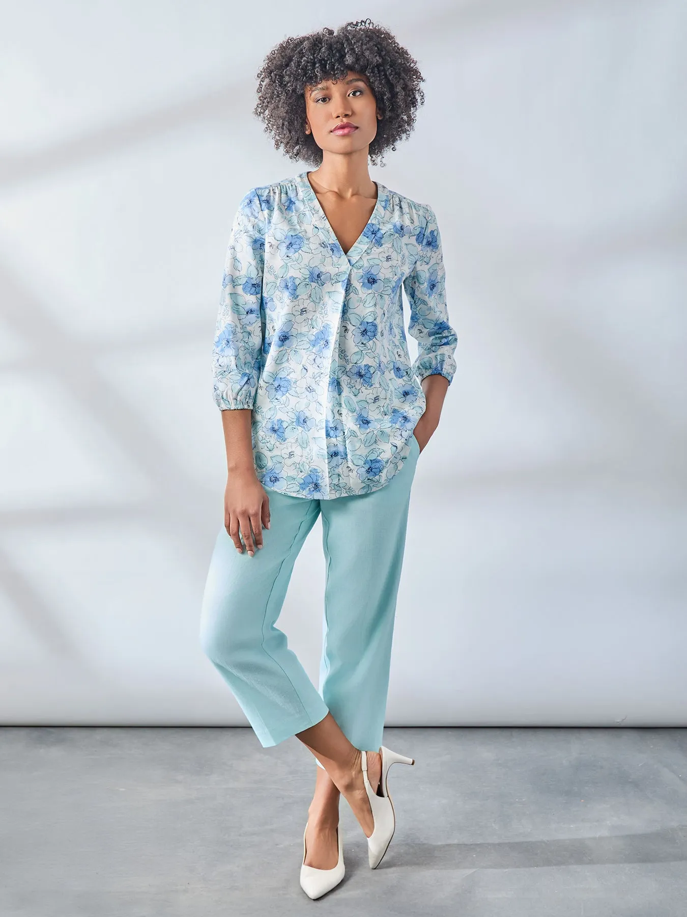 Plus Print V-Neck Pleated Kelly Blouse, Linen Blend sold by Jones New York product image thumbnail 5