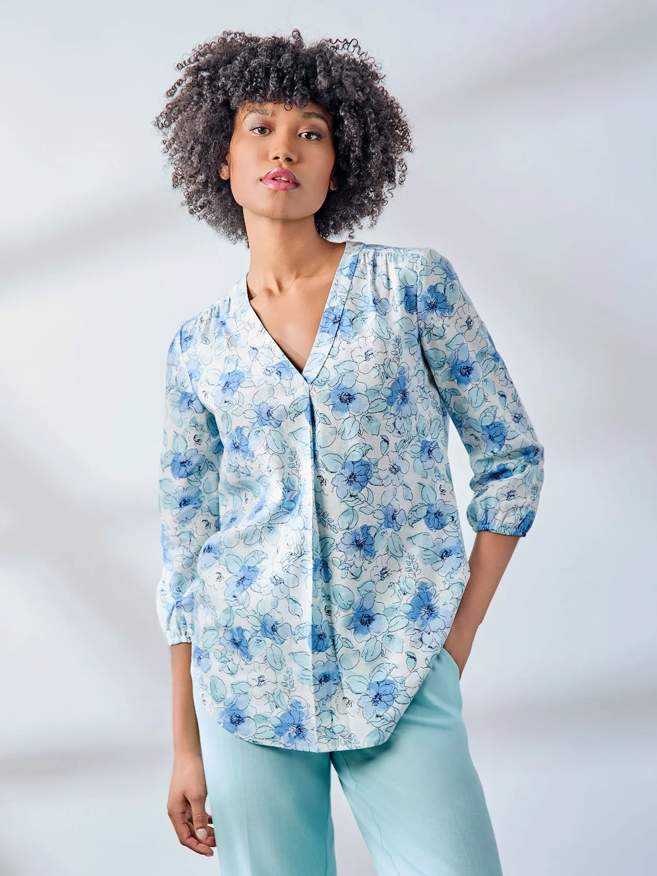 Plus Print V-Neck Pleated Kelly Blouse, Linen Blend sold by Jones New York