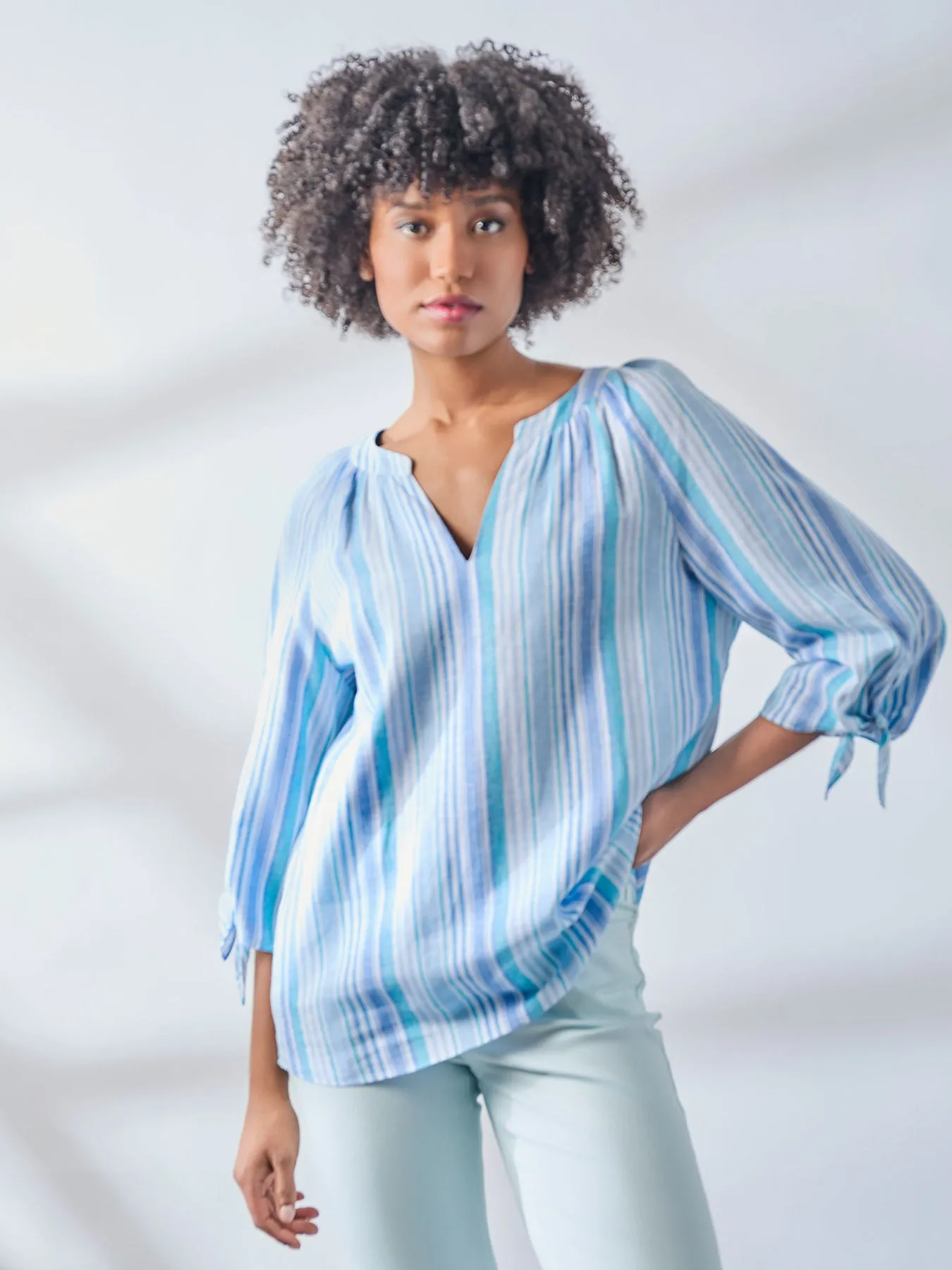 Printed Tie-Sleeve Raglan Blouse, Linen Blend sold by Jones New York