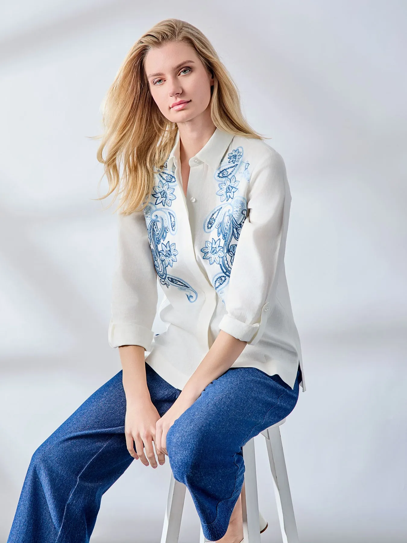 Button-Front Embroidered Blouse, Linen Blend sold by Jones New York product image thumbnail 5