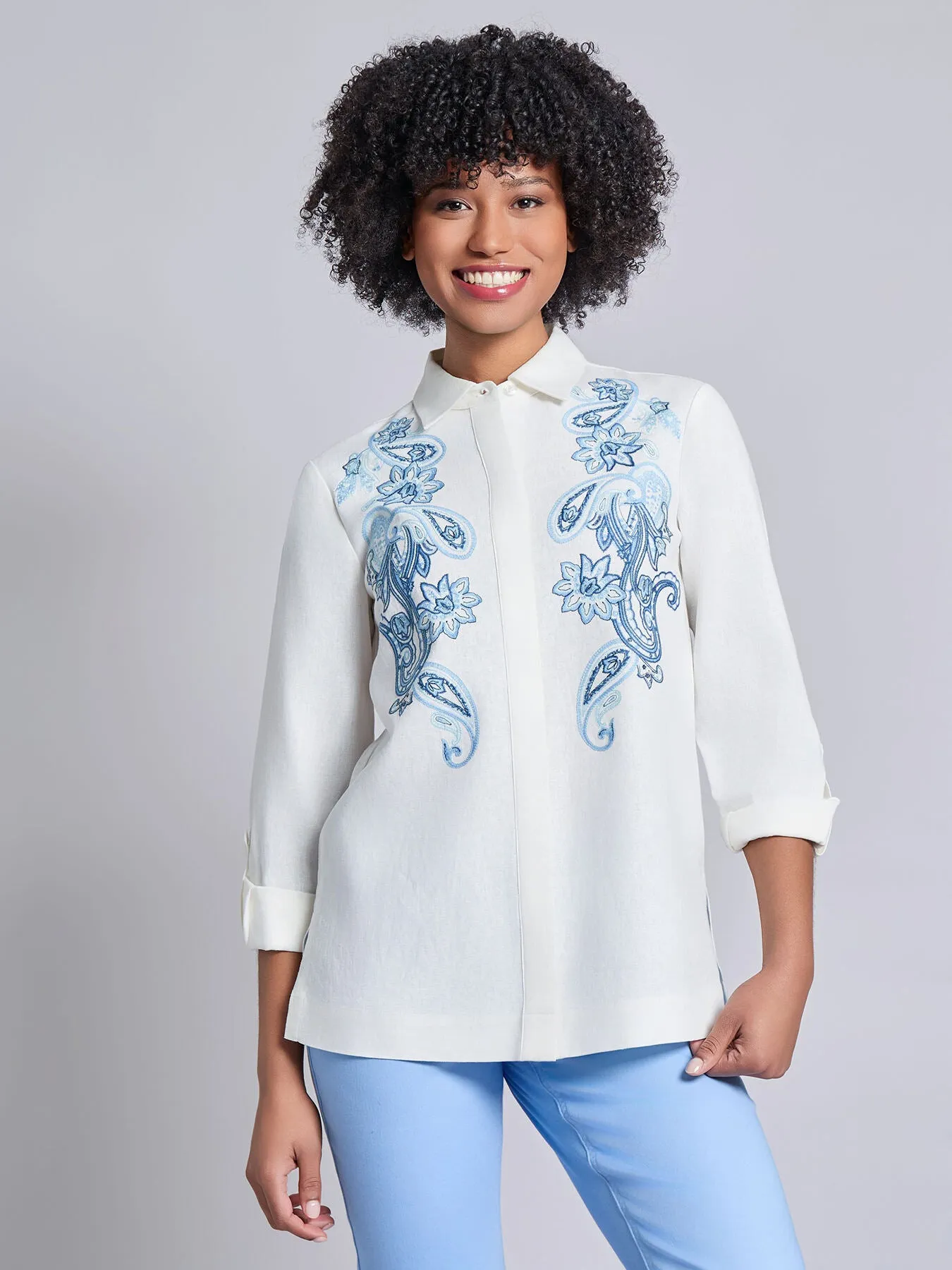 Button-Front Embroidered Blouse, Linen Blend sold by Jones New York product image thumbnail 2