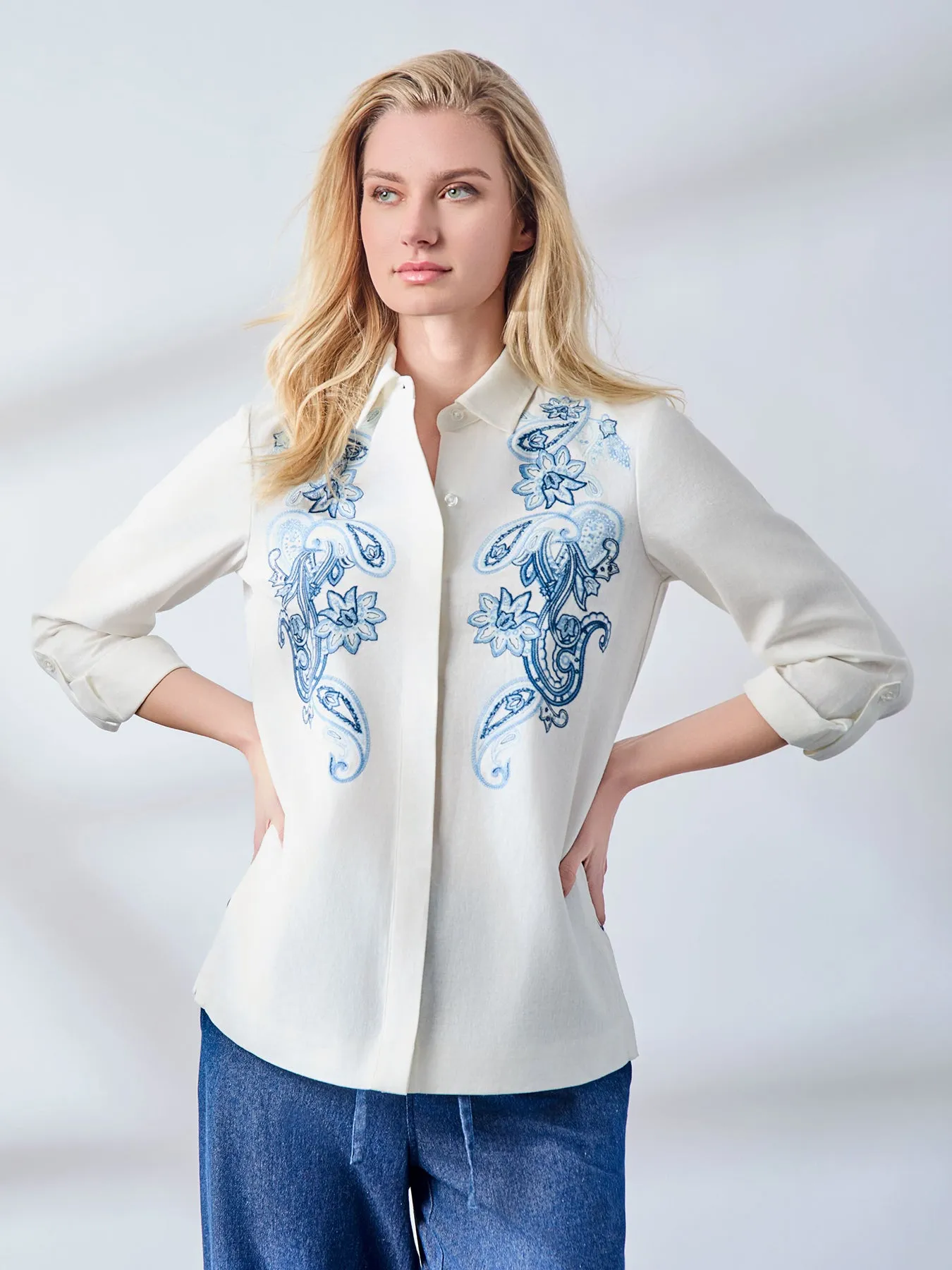 Button-Front Embroidered Blouse, Linen Blend sold by Jones New York
