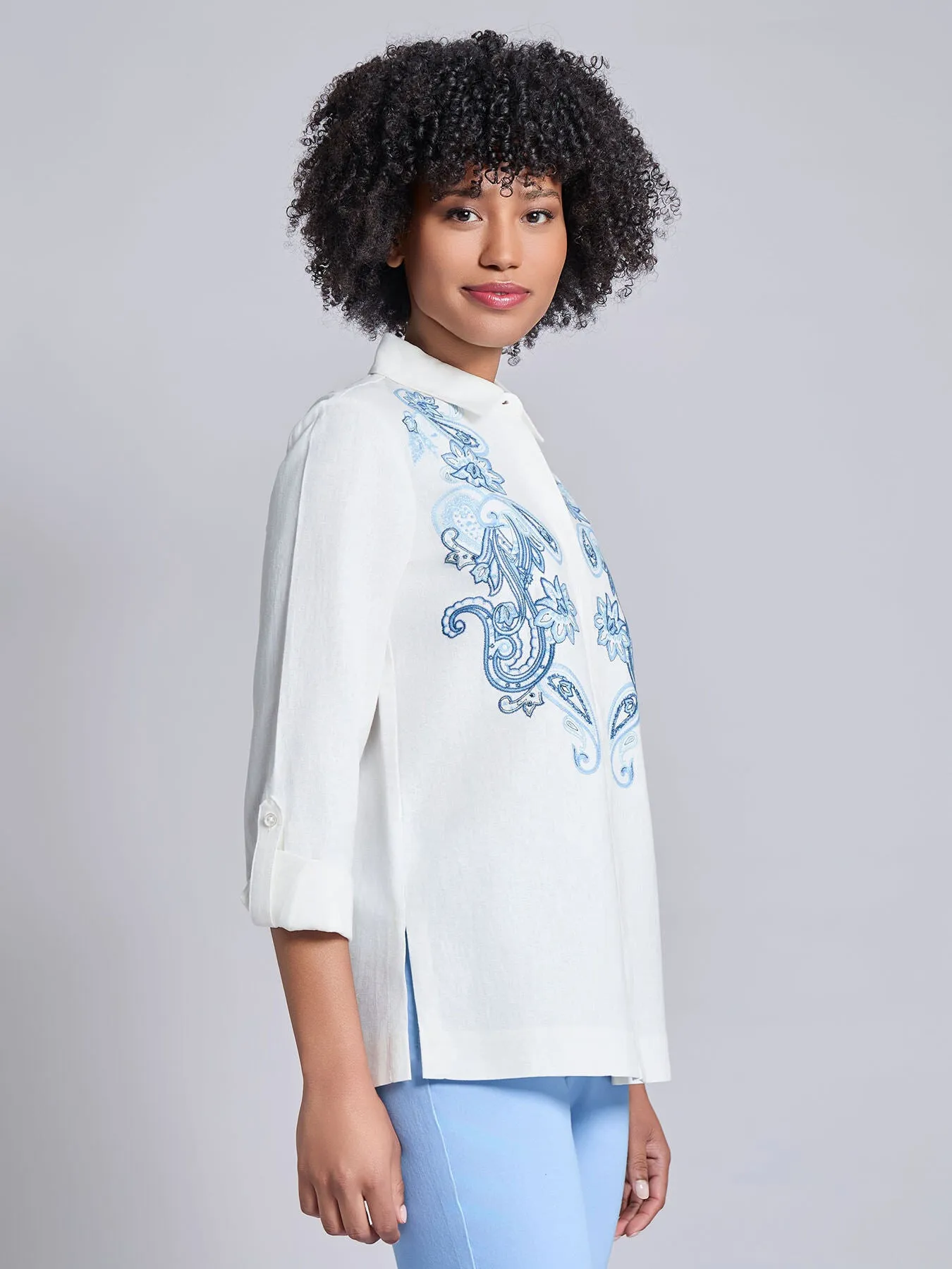Button-Front Embroidered Blouse, Linen Blend sold by Jones New York product image thumbnail 3
