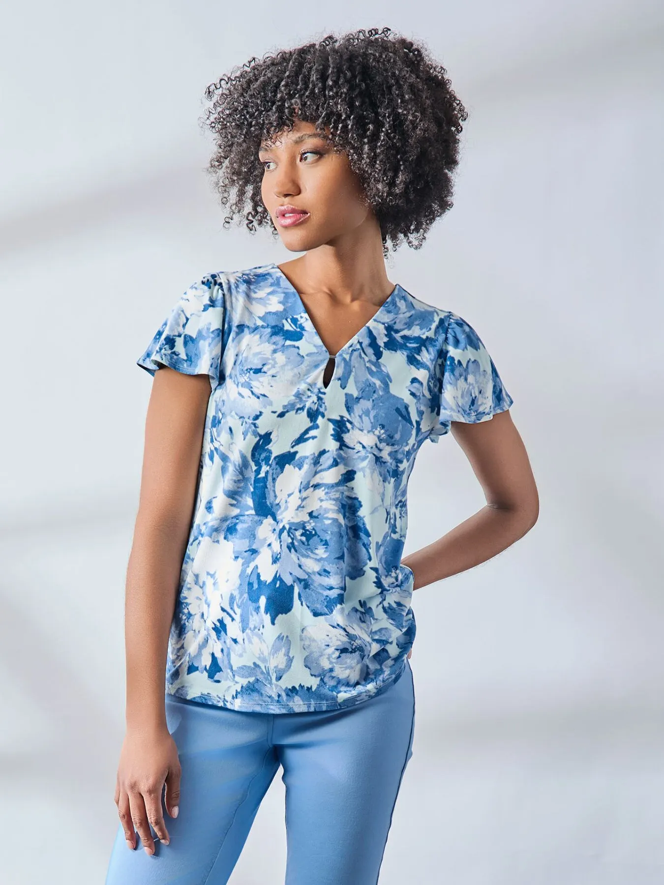 Plus Flutter Sleeve V-Neck Top, Moss Crepe sold by Jones New York product image thumbnail 5