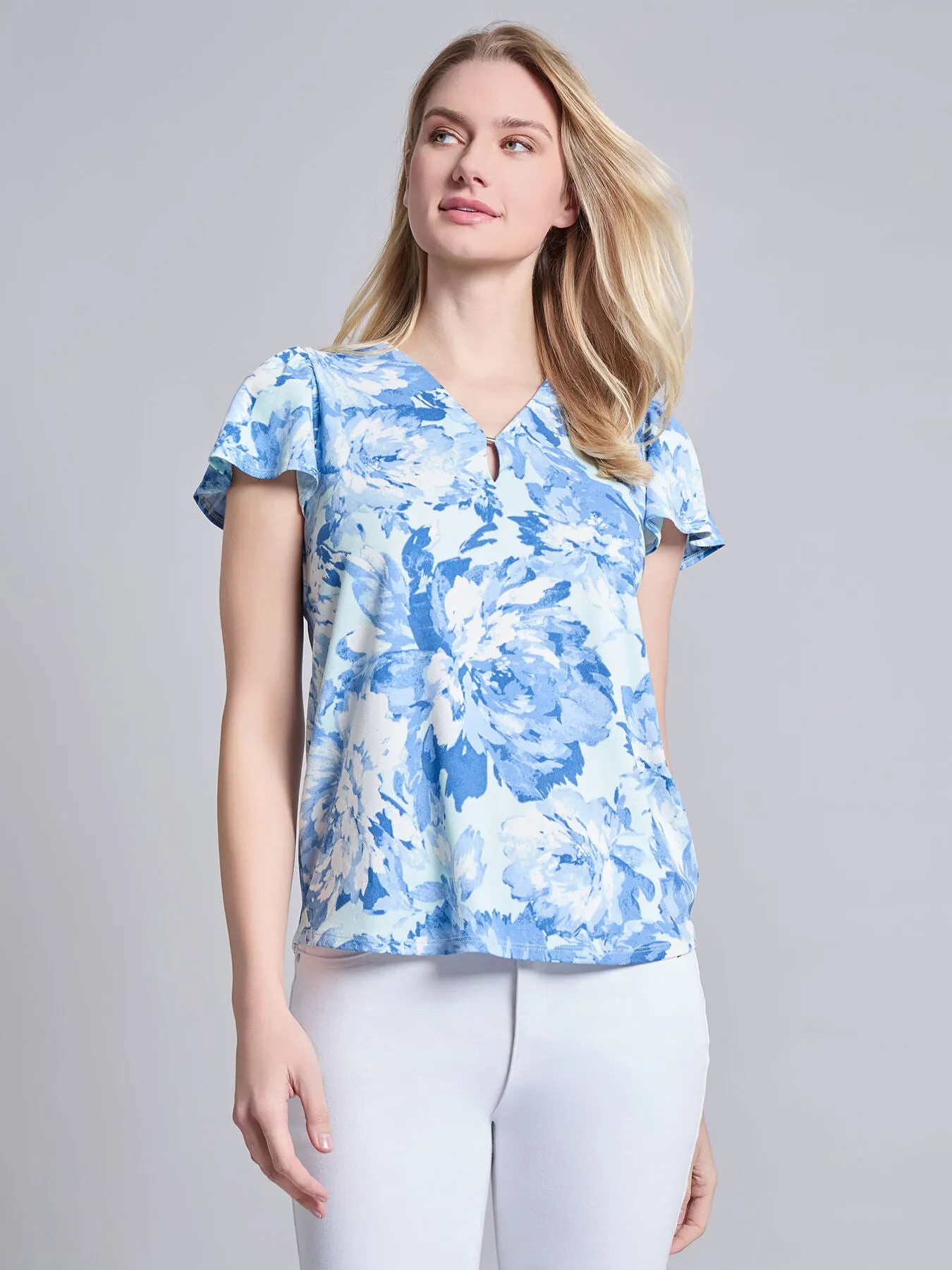 Flutter Sleeve V-Neck Top, Moss Crepe sold by Jones New York product image thumbnail 2