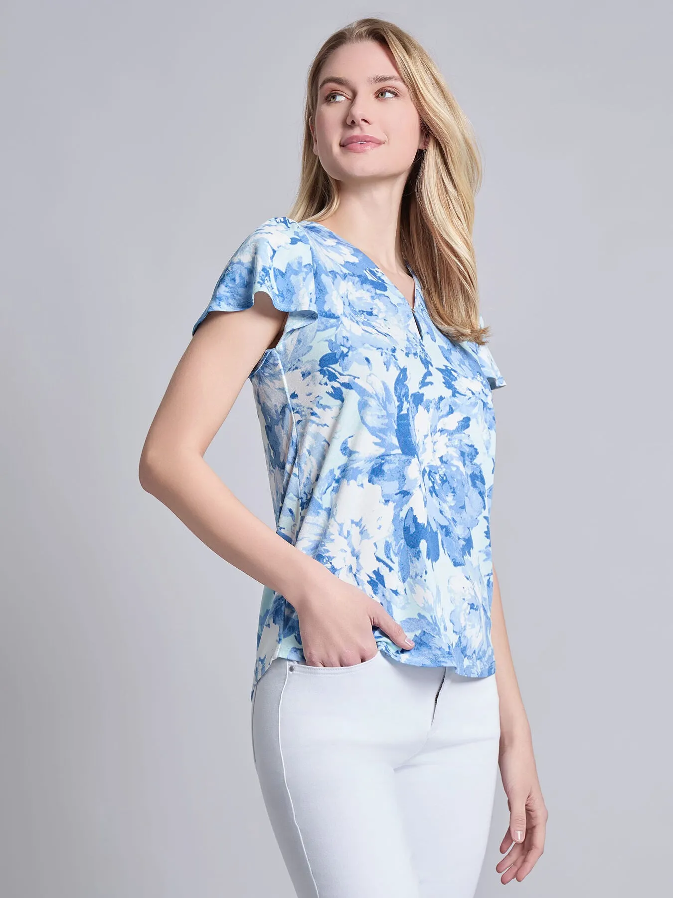Flutter Sleeve V-Neck Top, Moss Crepe sold by Jones New York product image thumbnail 3