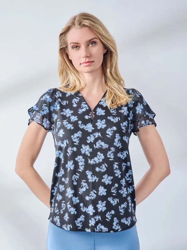 Double Flutter Sleeve V-Neck Top, Moss Crepe sold by Jones New York