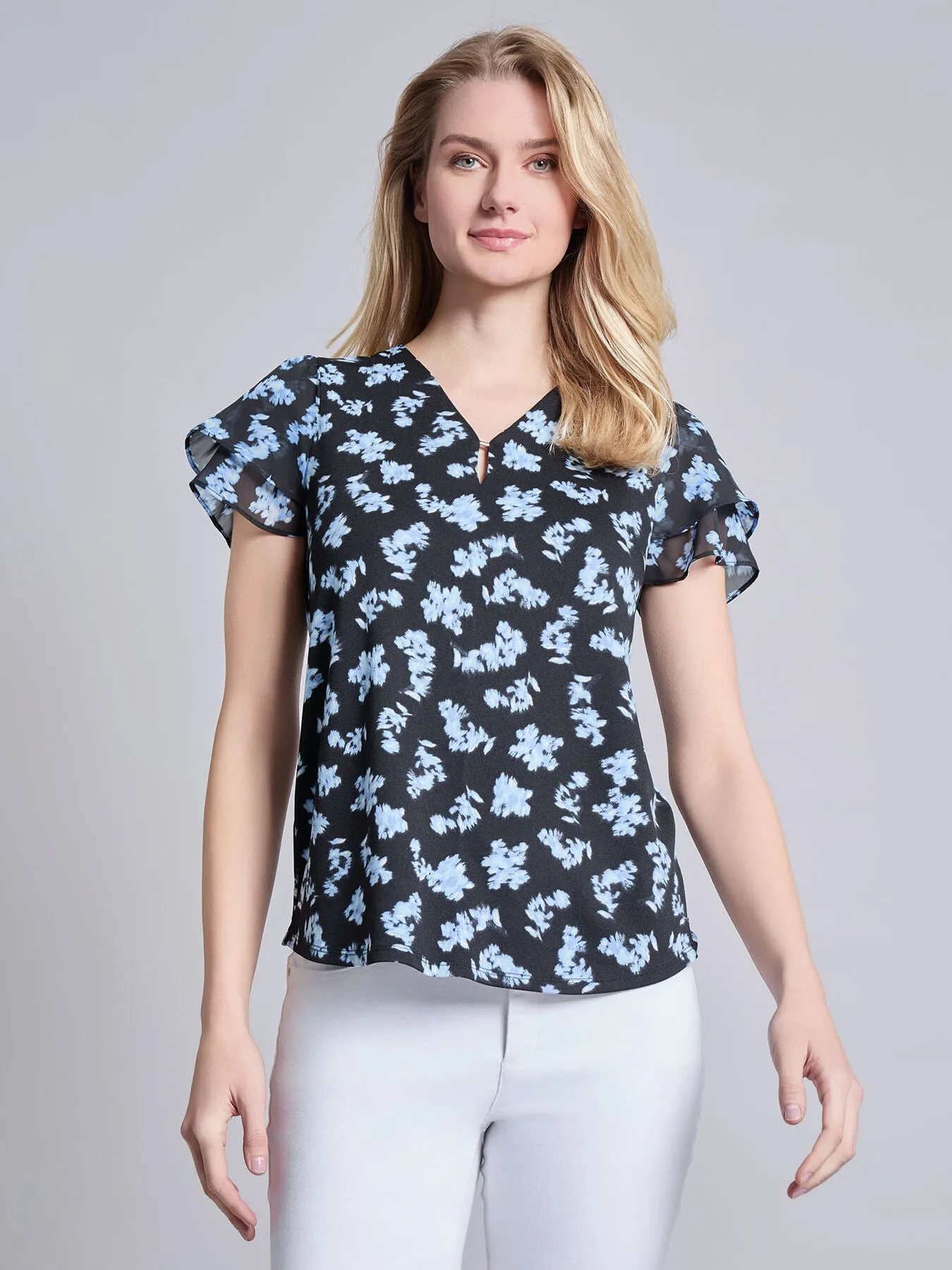 Petite Double Flutter Sleeve V-Neck Trim Top, Moss Crepe sold by Jones New York product image thumbnail 2