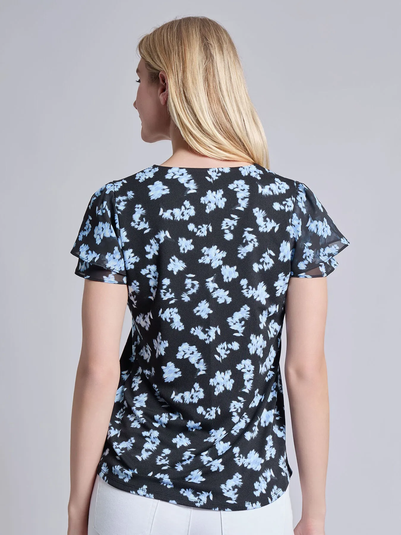 Petite Double Flutter Sleeve V-Neck Trim Top, Moss Crepe sold by Jones New York product image thumbnail 4