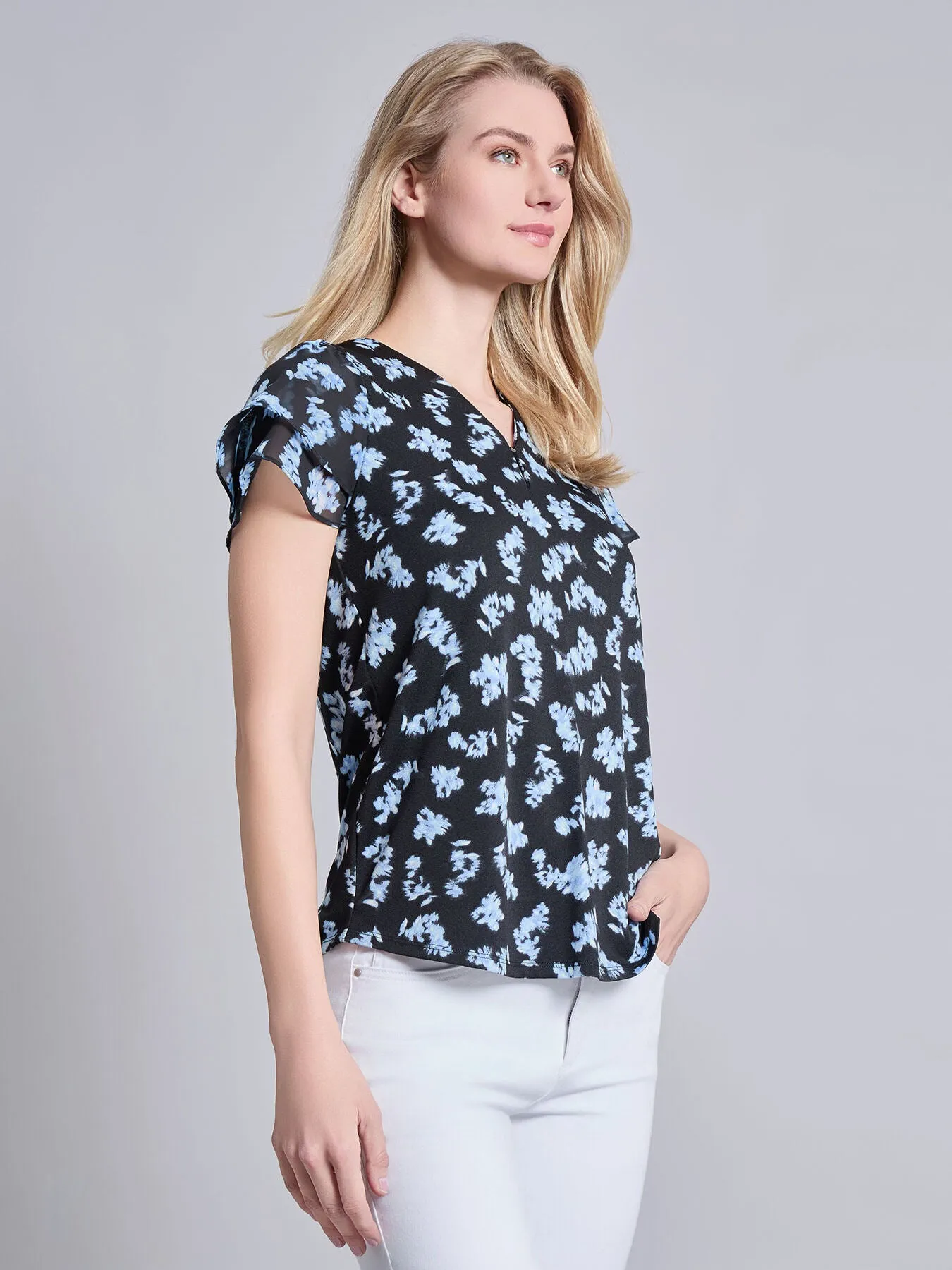 Petite Double Flutter Sleeve V-Neck Trim Top, Moss Crepe sold by Jones New York product image thumbnail 3