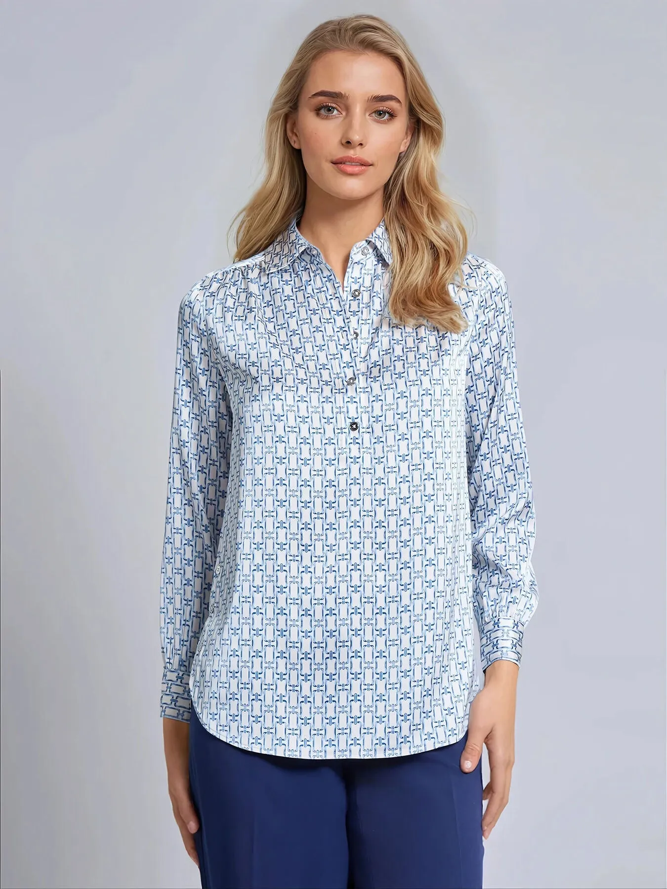 Long Sleeve Collared Popover Blouse, Printed Satin sold by Jones New York