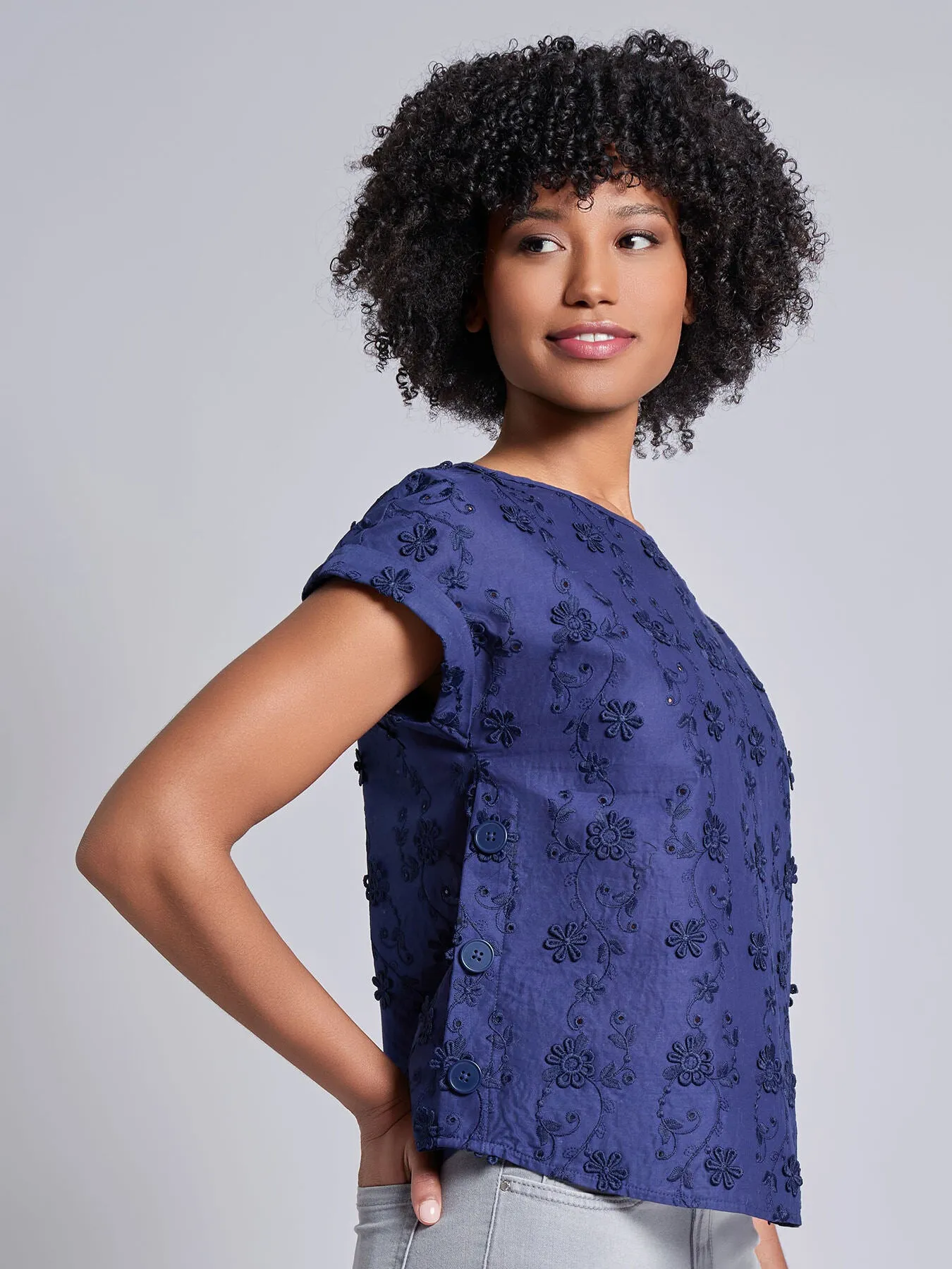 Petite Short Sleeve Button Detail Blouse, Floral Eyelet sold by Jones New York product image thumbnail 2