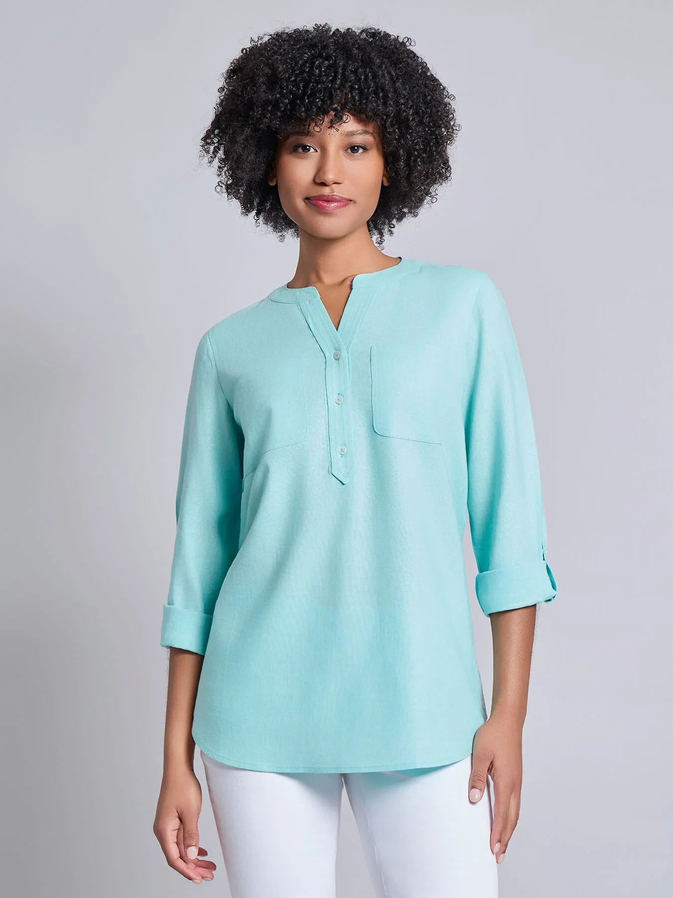 Petite Button Front Tunic, Linen Blend sold by Jones New York