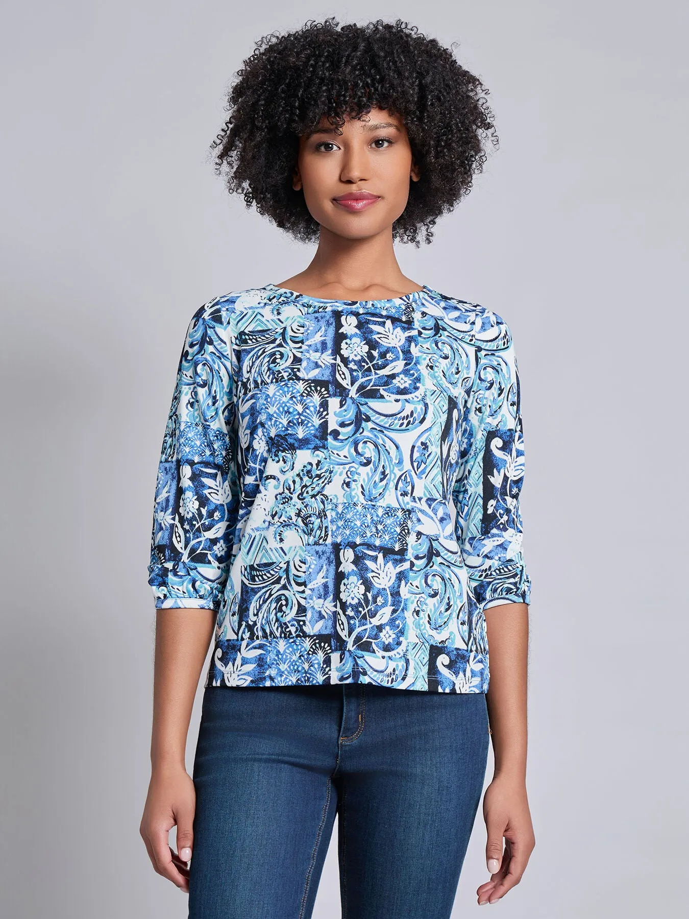 Puff Sleeve Printed Moss Crepe Top sold by Jones New York