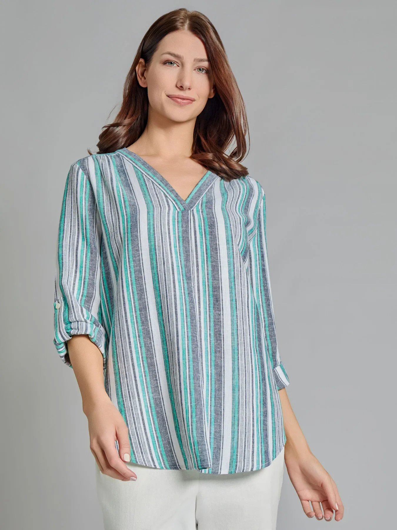 V-Neck Pleated Kelly Blouse, Linen Blend sold by Jones New York