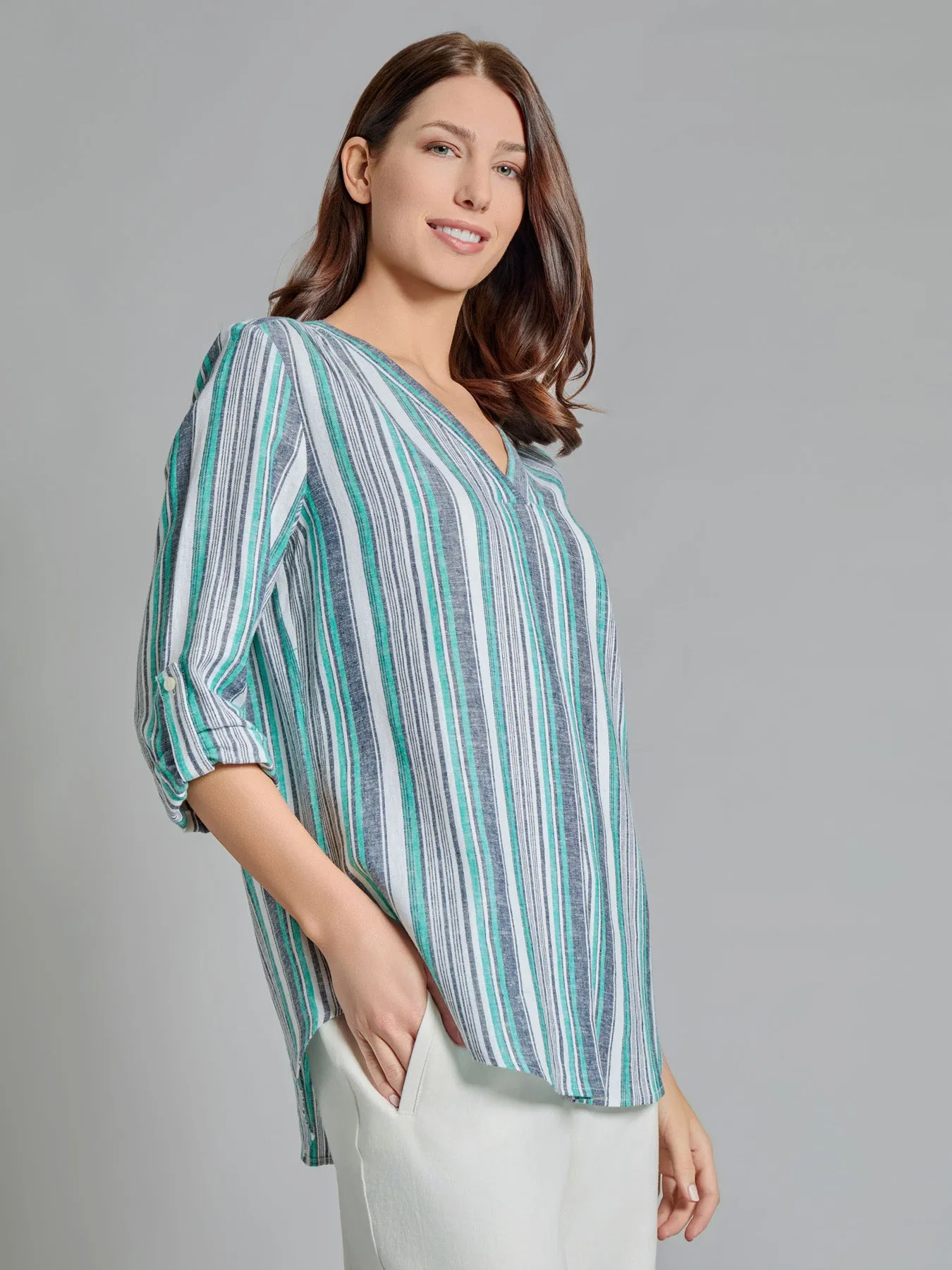 V-Neck Pleated Kelly Blouse, Linen Blend sold by Jones New York product image thumbnail 2