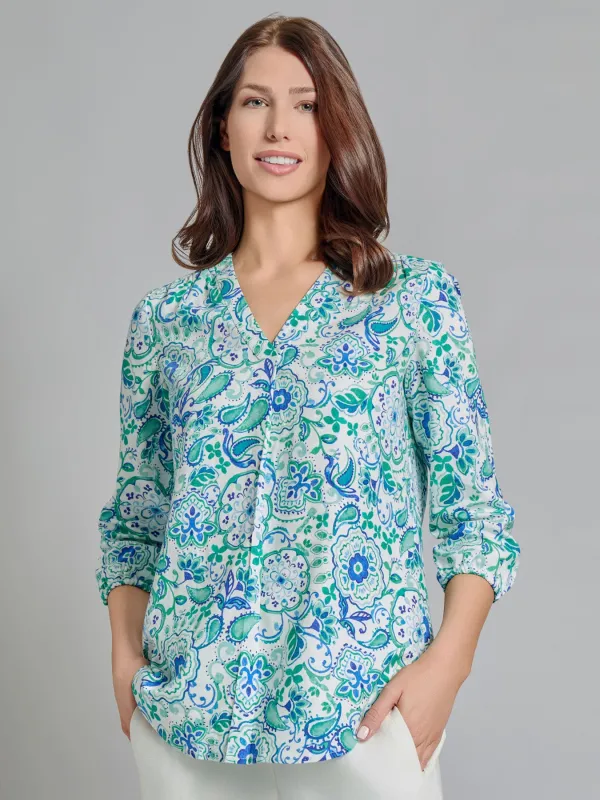 V-Neck Pleated Kelly Blouse, Linen Blend sold by Jones New York