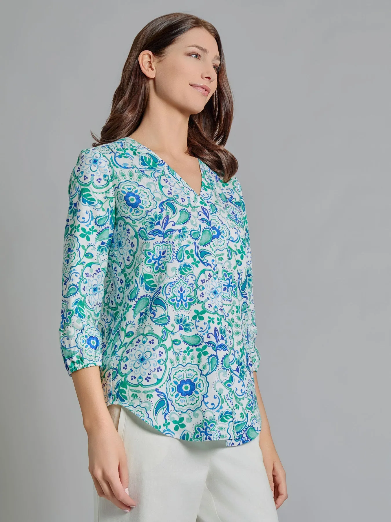 V-Neck Pleated Kelly Blouse, Linen Blend sold by Jones New York product image thumbnail 2