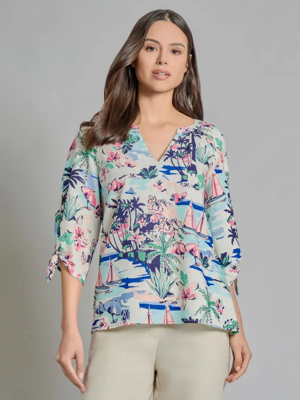 V-Neck Print Tie-Sleeve Blouse, Linen Blend sold by Jones New York