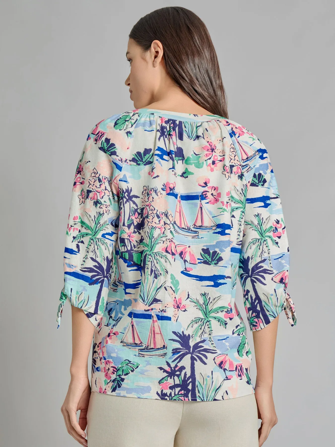 V-Neck Print Tie-Sleeve Blouse, Linen Blend sold by Jones New York product image thumbnail 3