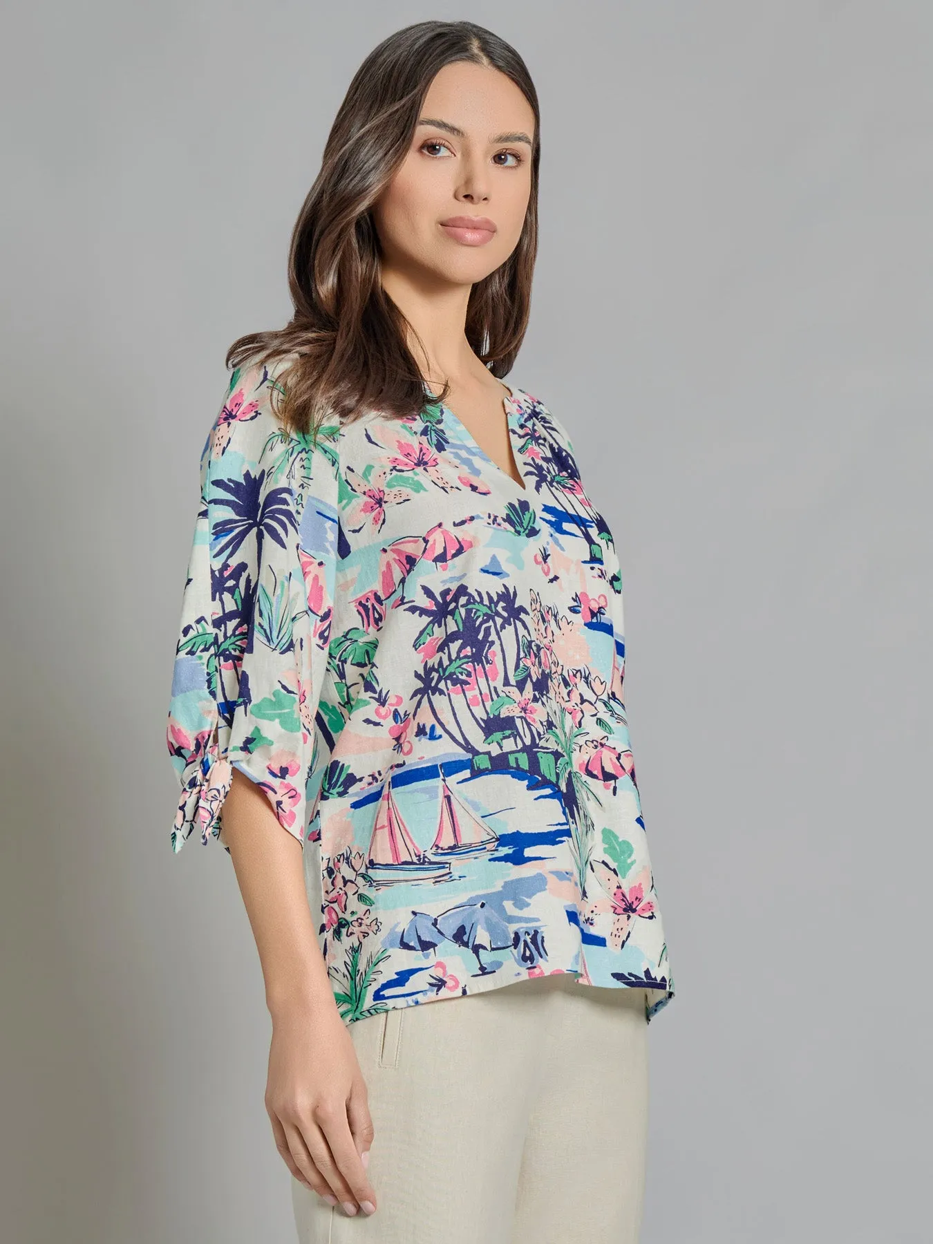 V-Neck Print Tie-Sleeve Blouse, Linen Blend sold by Jones New York product image thumbnail 2