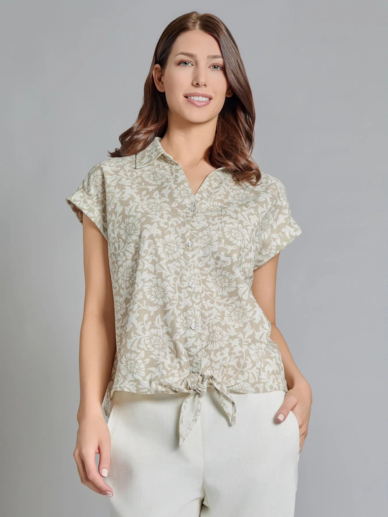 Tie-Front Button-Front Blouse, Linen Blend sold by Jones New York