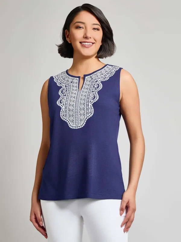 Sleeveless Split Neck Embroidered Tank made by Jones New York
