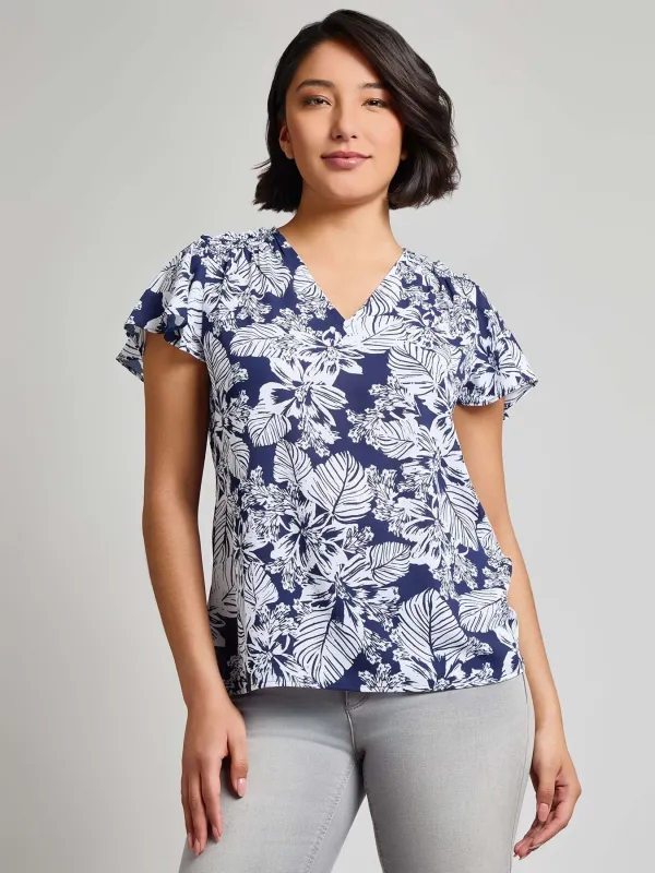 Petite Flutter Sleeve V-Neck Blouse, Crepe de Chine sold by Jones New York