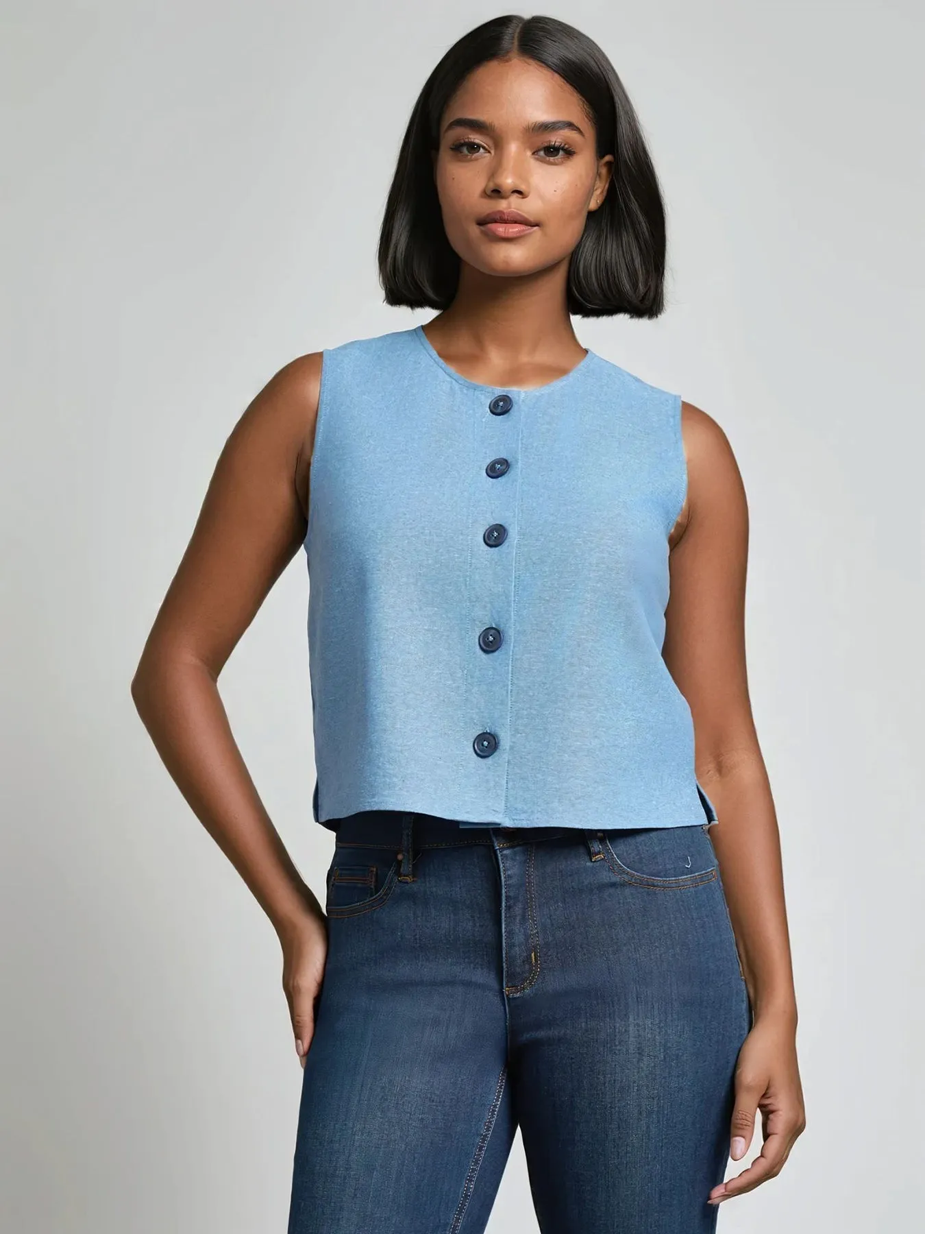 Sleeveless Button Front Top, Crossdye Linen Blend sold by Jones New York