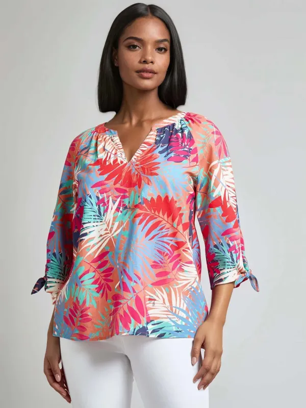 Petite Print V-Neck Tie-Sleeve Blouse, Linen Blend sold by Jones New York
