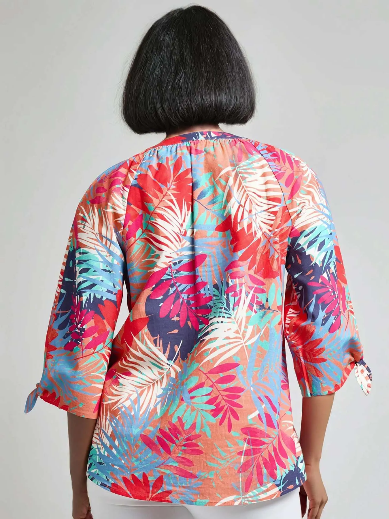 V-Neck Print Tie-Sleeve Blouse, Linen Blend sold by Jones New York product image thumbnail 3