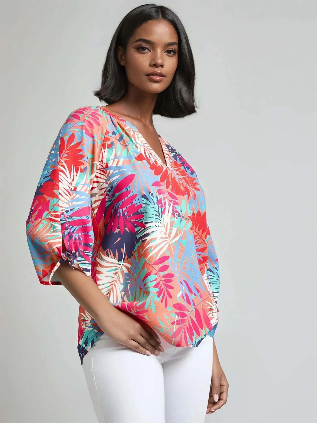 V-Neck Print Tie-Sleeve Blouse, Linen Blend sold by Jones New York product image thumbnail 2