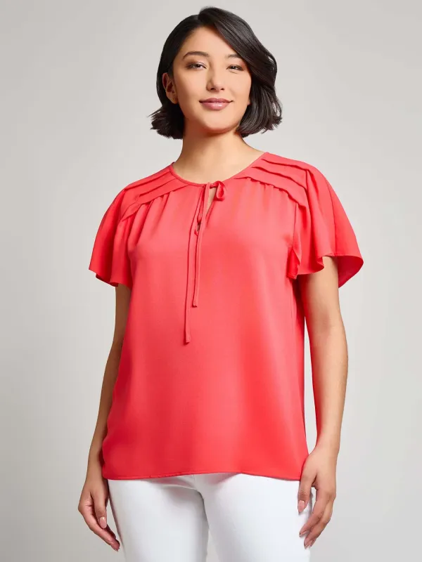 Petite Pleated Shoulder Flutter Sleeve Blouse, Jasper Crepe sold by Jones New York