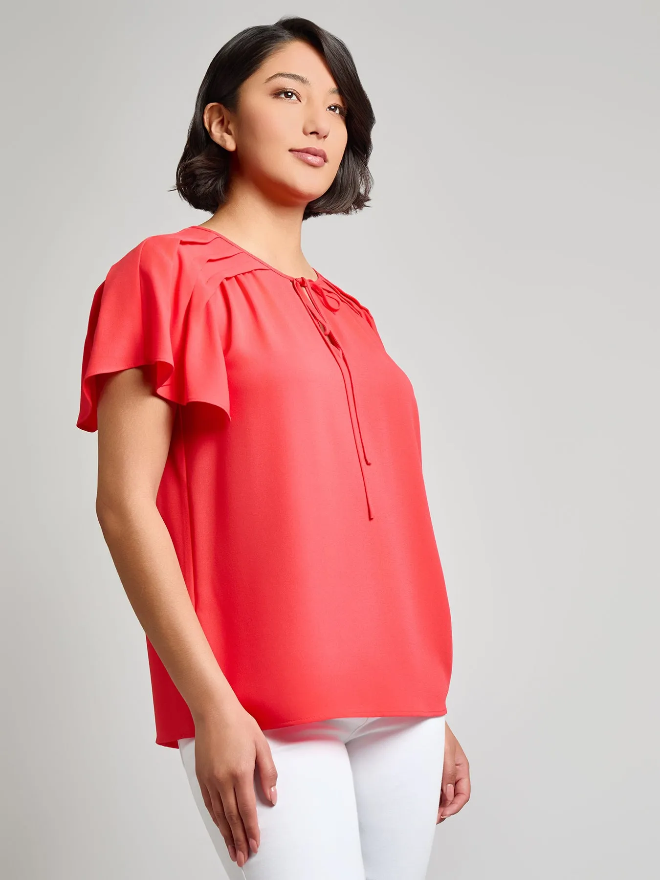 Petite Pleated Shoulder Flutter Sleeve Blouse, Jasper Crepe sold by Jones New York product image thumbnail 2
