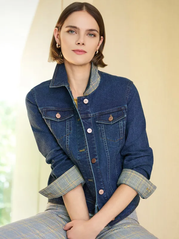 Houndstooth Trim Trucker Jacket, Stretch Denim sold by Jones New York