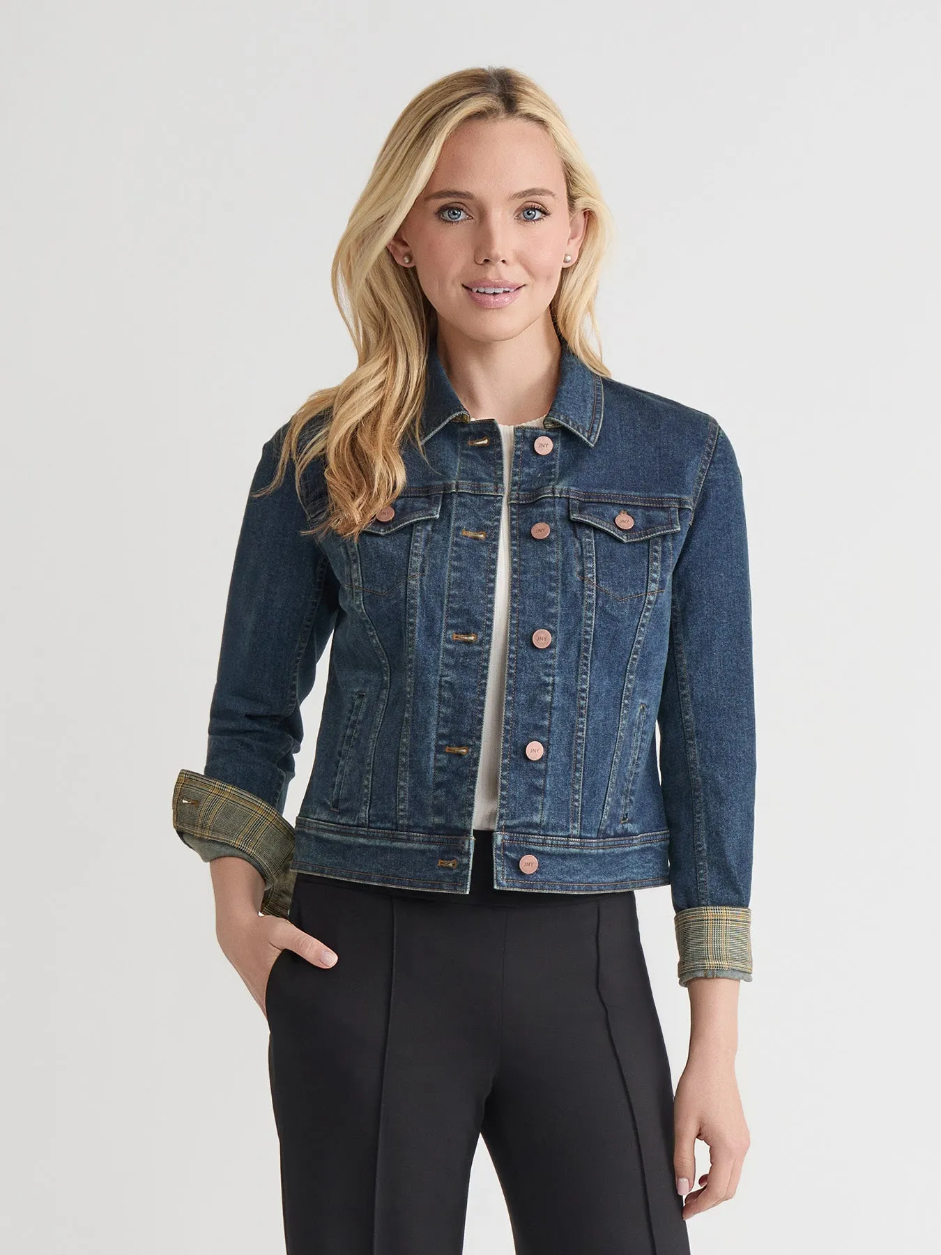 Houndstooth Trim Trucker Jacket, Stretch Denim sold by Jones New York product image thumbnail 2