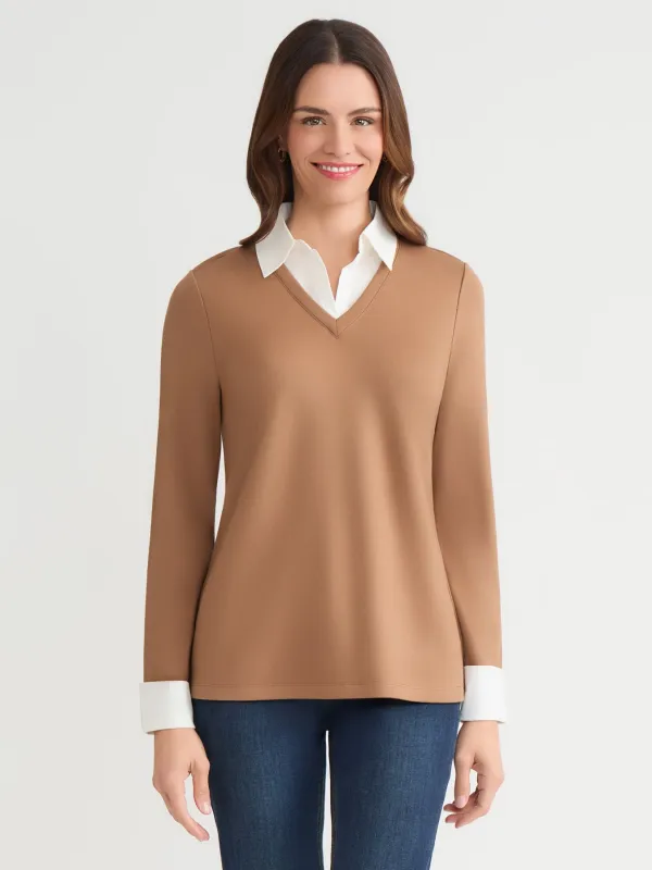 Collared Shirt V-Neck Two-Fer Top, Serenity Knit sold by Jones New York