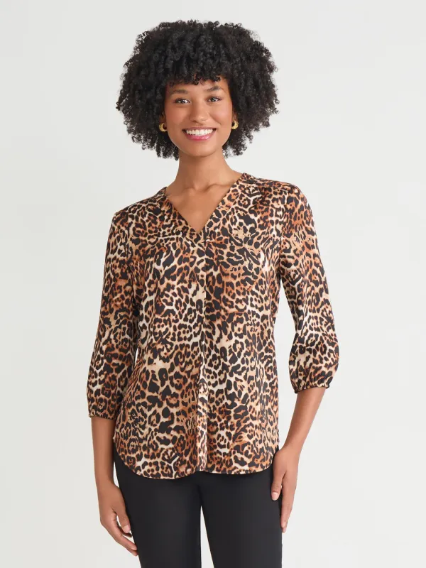 Printed V-Neck Pleated Kelly Blouse, Satin sold by Jones New York