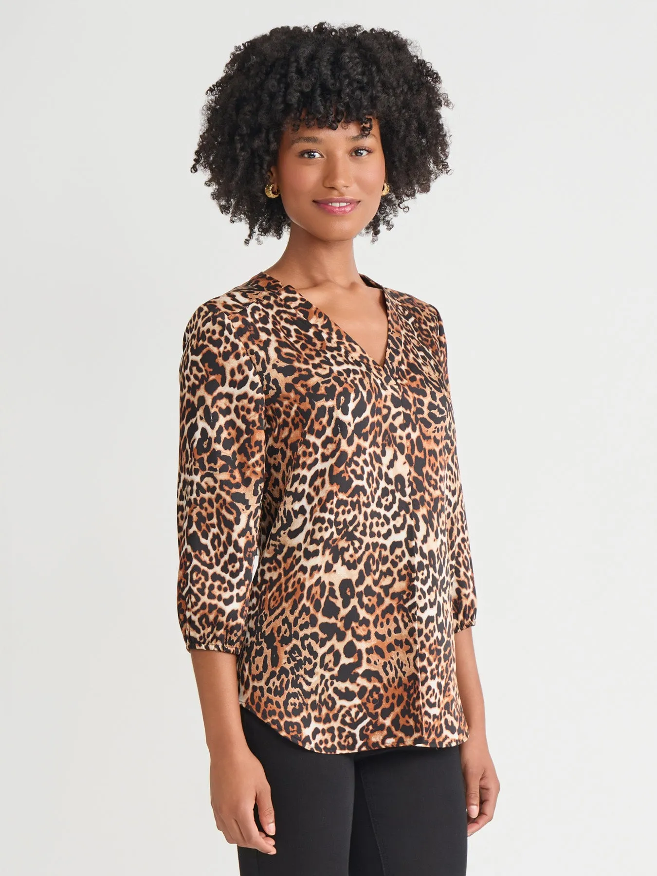 Plus Printed V-Neck Pleated Kelly Blouse, Satin sold by Jones New York product image thumbnail 2
